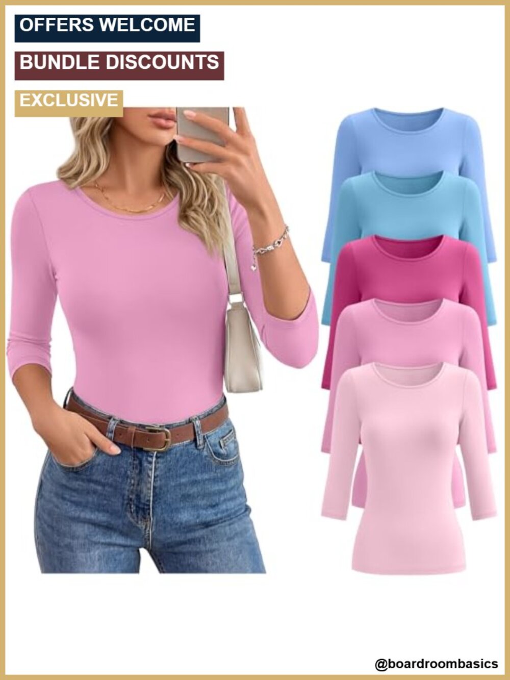 3/4 Sleeve Tops Round Neck Slim Fit Cotton Blend 5 Pack